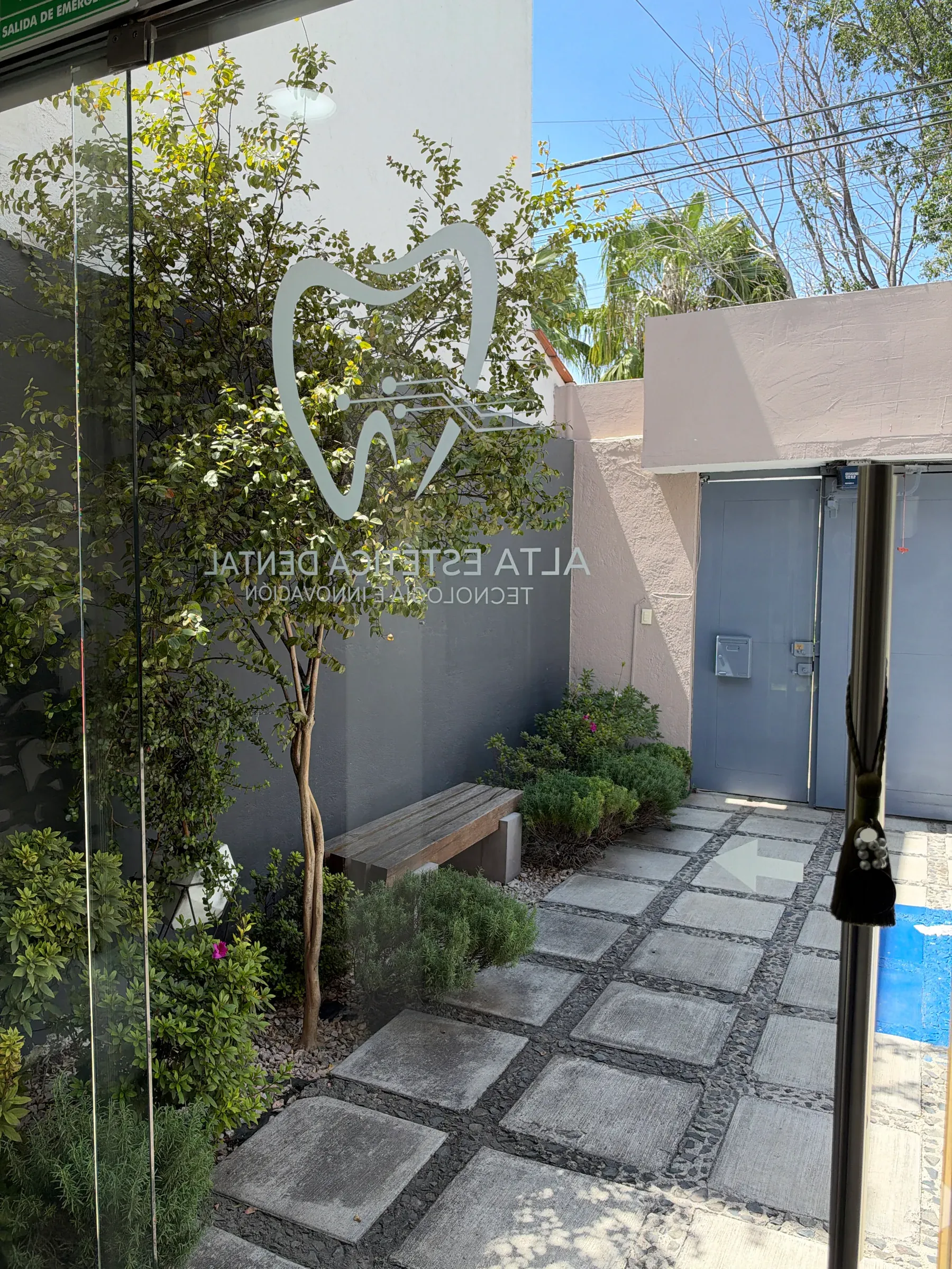 Patio de acceso con plantas y piso de losas, visto a través del cristal con el logotipo.