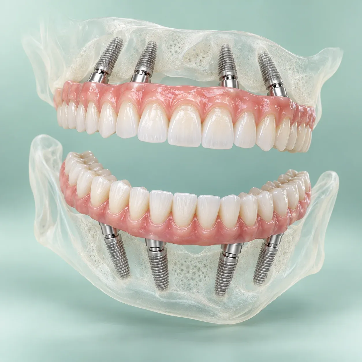 Ilustración 3D de una rehabilitación All-on-4: dos prótesis completas fijas, cada una sobre cuatro implantes.