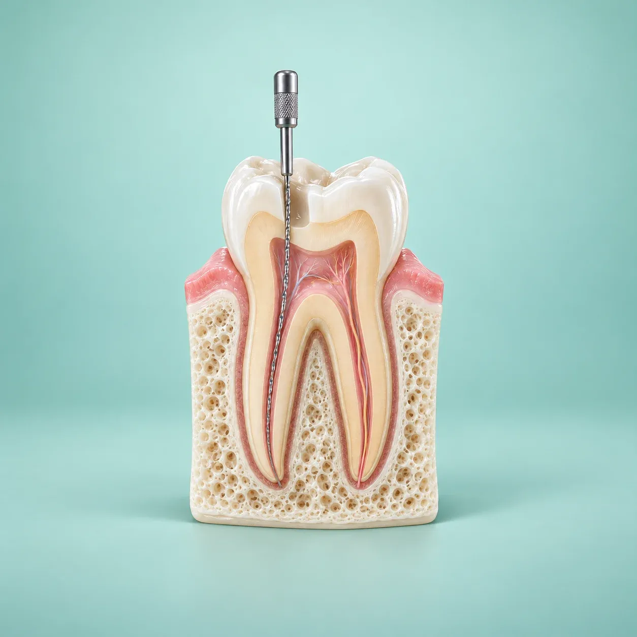 Ilustración 3D de un molar en corte con una lima endodóntica dentro del conducto.